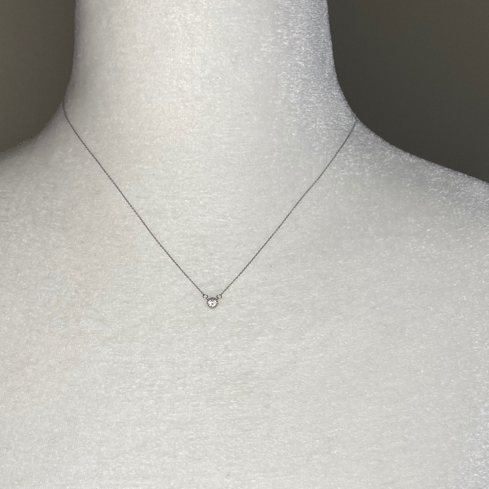 14K White Gold CZ Solitaire Necklace | Bezel Set | Adjustable 16–18"